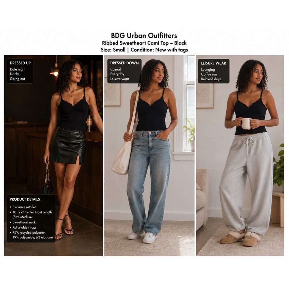 BDG Urban Outfitters Black Ribbed Sweetheart Cami Tank Top NWT Size Small Y2K St